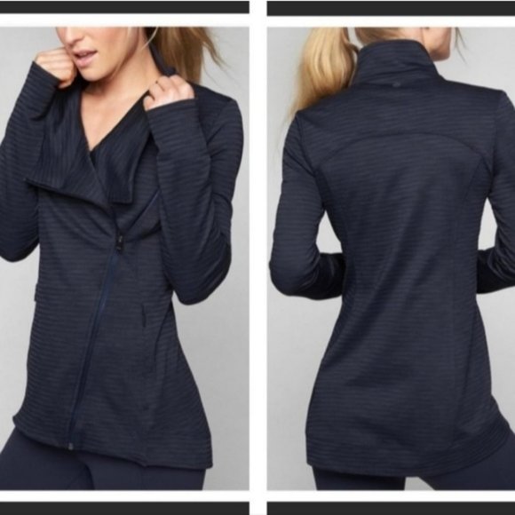 Athleta Intention 2.0 Knit Navy Long Sleeve Thumb Holes Jacquard Medium Jacket - Picture 1 of 9